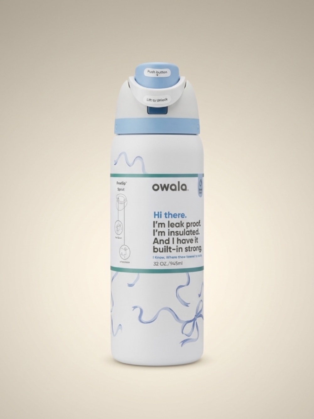Owala FreeSip Insulated Tumbler White Blue Bow Design | 32oz